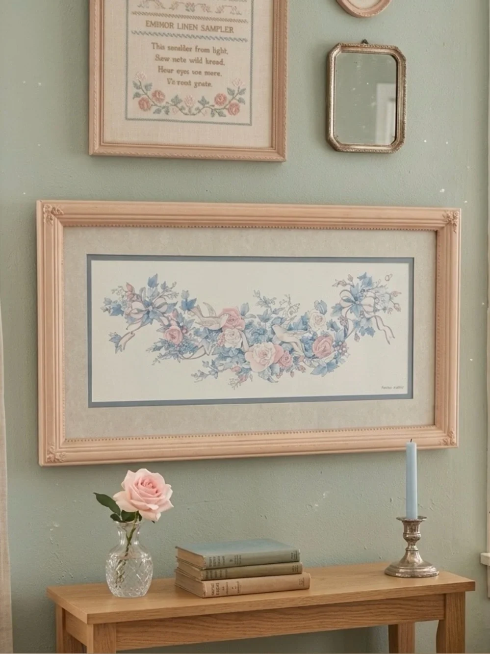 Vintage Dove & Roses Print Artwork Framed Matted Art Karen Avery Cottagecore